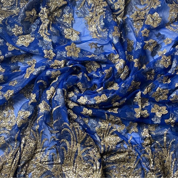 Blue and Gold Metallic Appliqué Star Print Sheer Mesh Fabric - Picture 1 of 5